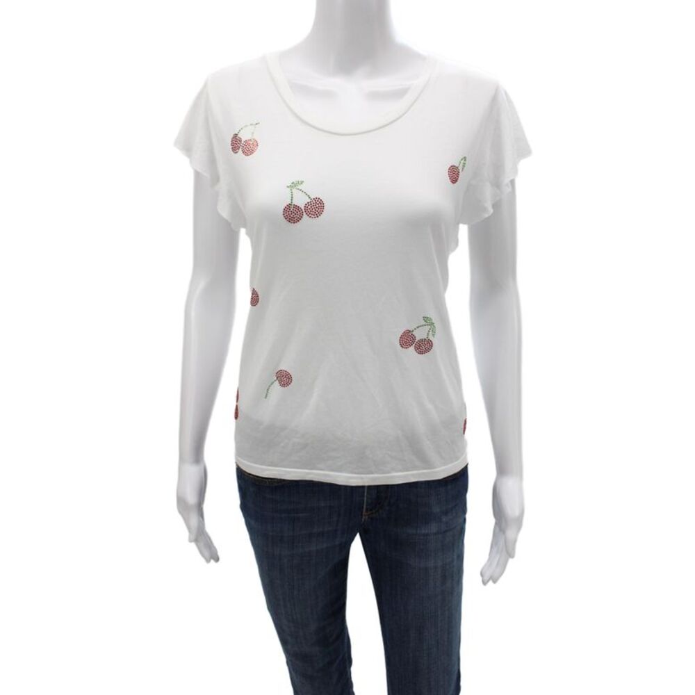 Lauren Moshi Women Basic White Cherry Scoop Neck Short Sleeve T-Shirt Size L